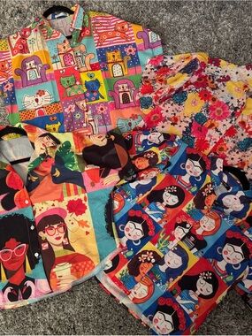 Colorful Patterned Button-Up Blouse — Multi-Color Cartoon & Floral Prints